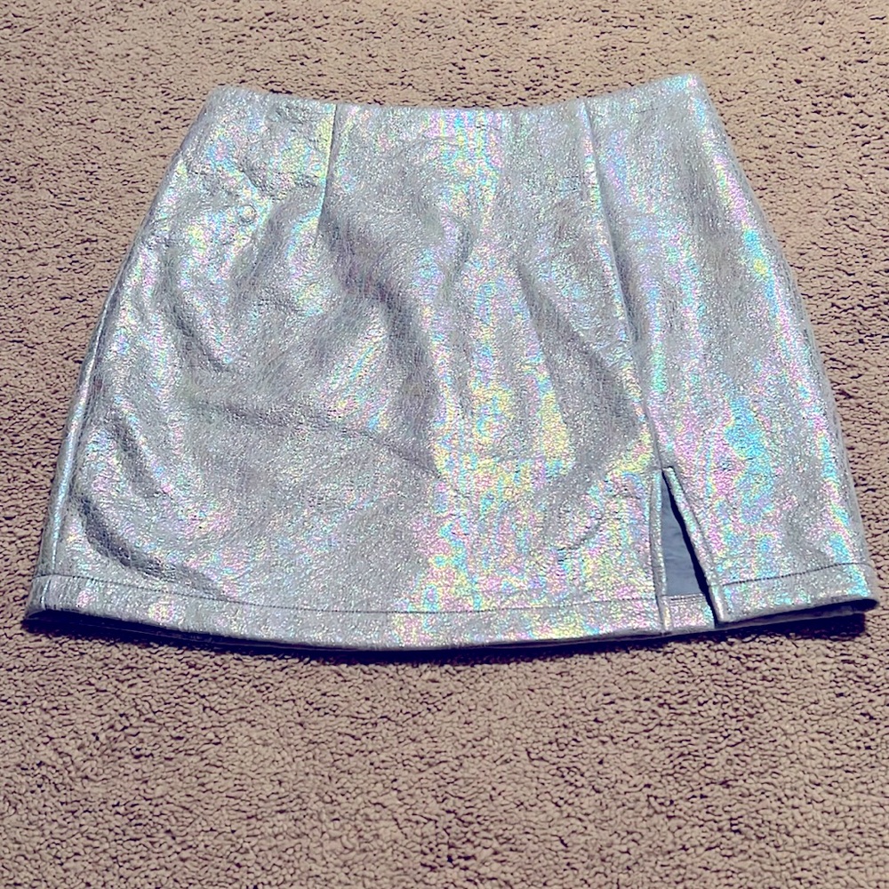Holographic Silver Mini Skirt with Front Slit